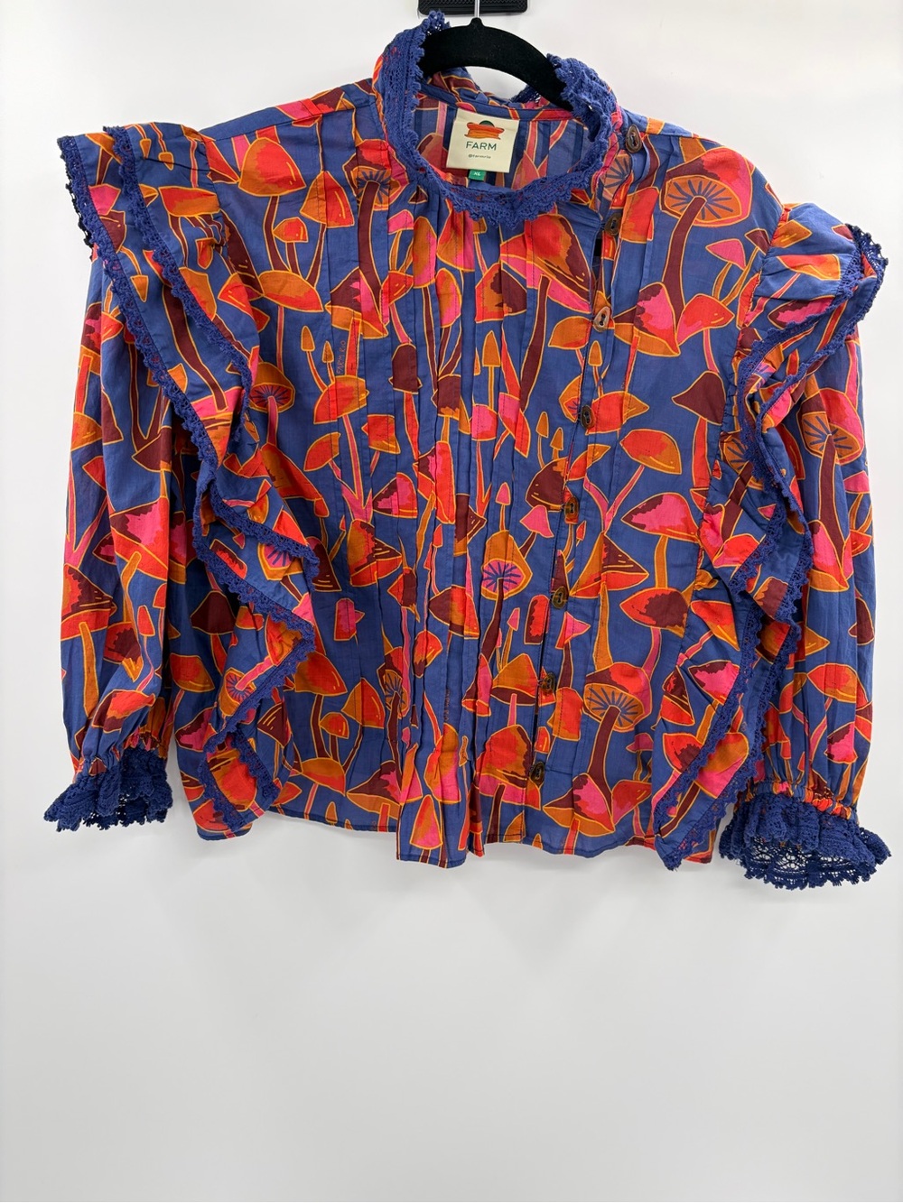 Farm Rio bohemian boho bright blue mushroom sketch button ruffle blouse size xl - Picture 1 of 15